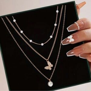 Gold Butterfly Pearl Layered Necklace 3 Strand Statement Choker Set